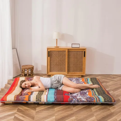 Miniatura 5 de MAXYOYO Colchón bohemio retro de suelo, clásico, floral, estilo japonés; futón enrollable y grueso para dormir, portátil, para campamento que se