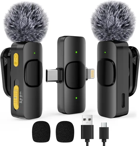 Paquete de 2 mini micrófonos inalámbricos Lavalier para iPhone, Android, cancelación activa de ruido, micrófono magnético de solapa para TikTok,