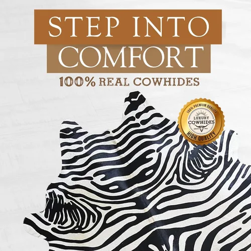 Miniatura 3 de Sunshine Cowhides Alfombra de piel de vaca 100% genuina con estampado salvaje de cebra negro sobre beige, alfombra de estilo moderno de piel