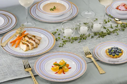Miniatura 4 de Laura Stein - Platos desechables de plástico pesado de alta calidad con borde azul y dorado para fiestas y bodas, platos desechables de la serie