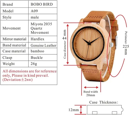 Miniatura 12 de BOBO BIRD Reloj de madera de bambú para hombre y mujer con correa de cuero de vaca marrón, relojes casuales de cuarzo analógico