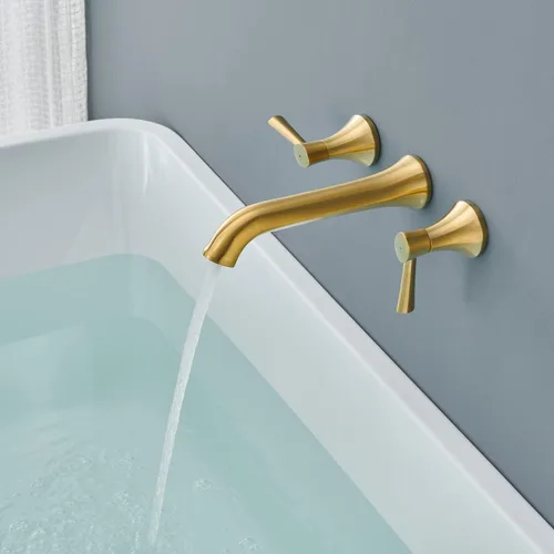 Miniatura 3 de Llenador de bañera romano de montaje en pared, grifos de bañera de latón dorado cepillado con 2 asas