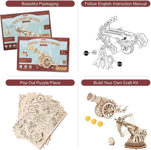 Miniatura 5 de ROKR Juego de rompecabezas de madera 3D para adultos, juego de lanzador de catapulta balista de madera, proyectos STEM, juguetes para niños y niñas