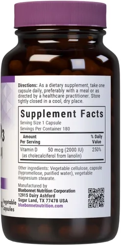Miniatura 2 de Bluebonnet Nutrición Vitamina D3 2000 UI Cápsulas Vegetales, Ayuda en el Crecimiento Muscular y Esquelético, Colecalciferol de Lanolina, D3, sin