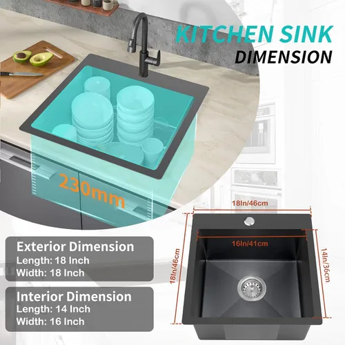 Miniatura 4 de Fregadero de cocina negro de acero inoxidable de 18 x 18 pulgadas, montaje superior, fregadero de cocina y bar, juego de fregadero de un solo tazón
