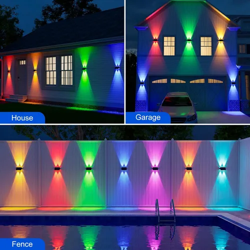 Miniatura 6 de Paquete de 4 luces de pared alimentadas por energía solar para exteriores, montaje en valla de arriba y abajo, lámparas LED decorativas impermeables