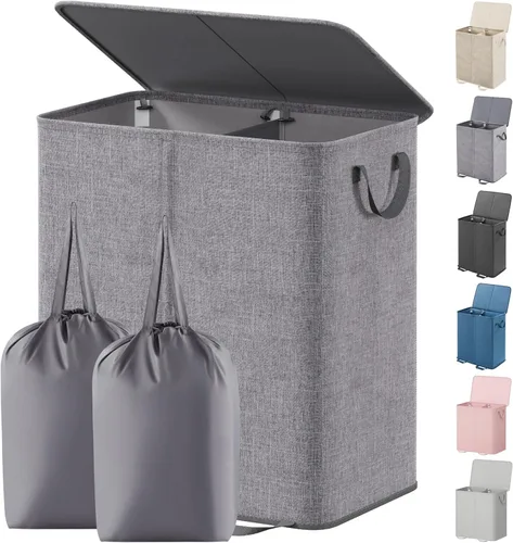 Lifewit Cesta doble para la ropa sucia con tapa y bolsas de lavandería extraíbles, gran plegable, 2 divisores, cesta de ropa sucia con asas para Gris