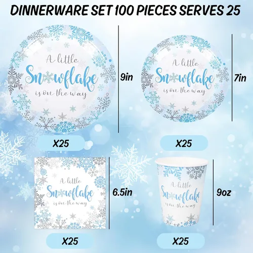 Miniatura 2 de 100 piezas de suministros de fiesta de copo de nieve de invierno, platos de papel y servilletas con tazas, juego de 25 platos azules para baby