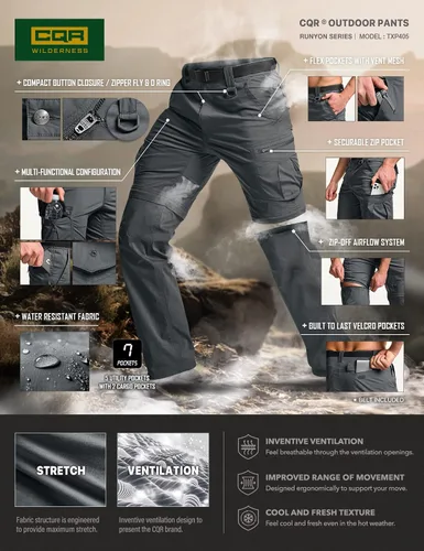 Miniatura 8 de CQR Pantalones cargo convertibles para hombre, resistentes al agua, con cremallera, ligeros, elásticos, UPF 50+, pantalones de trabajo al aire libre