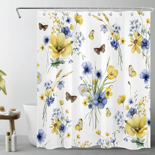 HVEST Cortina de ducha floral de granja con ganchos, flor azul y amarilla y mariposa sobre blanco, cortina de ducha para baño, juego de cortinas de