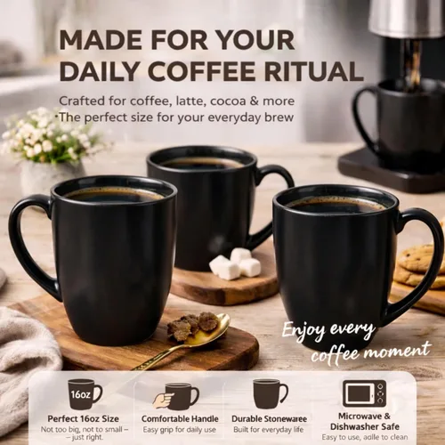 Miniatura 4 de AmorArc Juego de 6 tazas de café de 16 onzas, tazas de café grandes de cerámica para hombre, mujer, papá, mamá, tazas de café modernas con asa