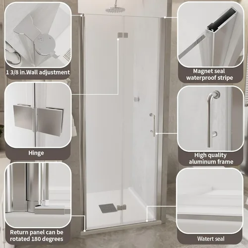Miniatura 3 de Puerta de ducha de vidrio plegable sin marco de 30-31.5 pulgadas de ancho x 72 pulgadas de alto, panel de ducha plegable de vidrio transparente