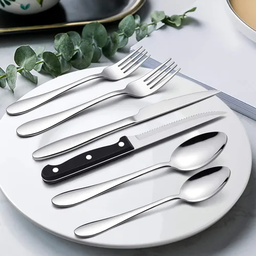 Miniatura 7 de LIANYU Juego de cubiertos de 24 piezas con cuchillos para carne, cubiertos de acero inoxidable para 4, tenedor, cuchara, cuchillo, utensilios