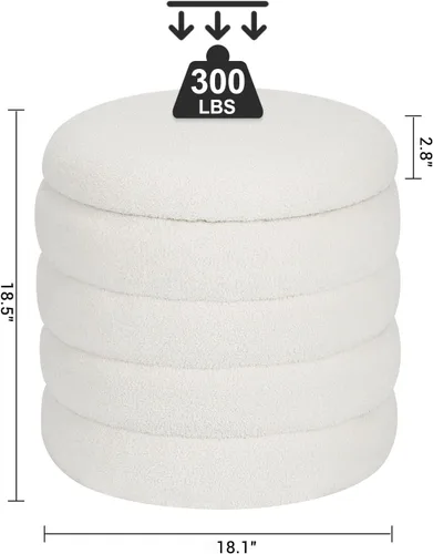 Miniatura 2 de Teddy Sherpa - Otomana redonda con almacenamiento, taburete tapizado moderno, reposapiés, pequeño ramo blanco otomano de almacenamiento