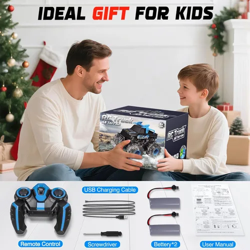 Miniatura 7 de BainGesk Juguetes de camión monstruo a control remoto impermeable, auto RC 1:16, 2.4GHz 4WD juguetes de automóvil todo terreno con 2 baterías Azul