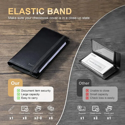 Miniatura 4 de CASMONAL Fundas de chequera para chequera personal RFID de cuero premium para chequera duplicada (negro), Negro -, Minimalista