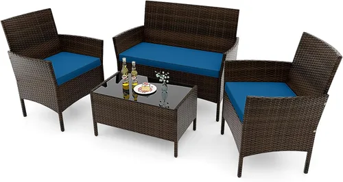 Miniatura 22 de RELAX4LIFE Juego de muebles de patio de 4 piezas – Juego de muebles de ratán para conversación al aire libre con cojines, mesa de centro de cristal