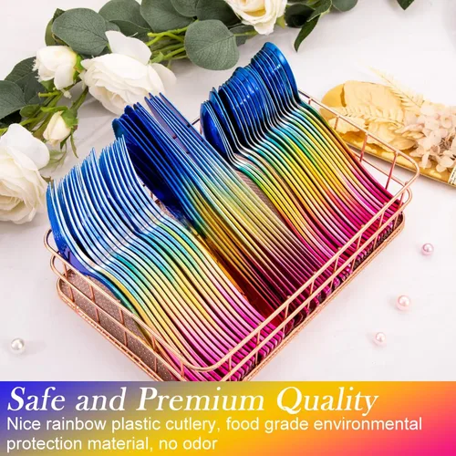 Miniatura 5 de Enjoylife - 120 cubiertos plásticos, cubiertos plásticos de arcoiris, dorado y azul (arcoiris)