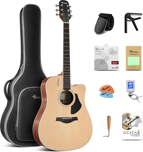 Miniatura 8 de Rosen Guitarra acústica Dreadnought de tapa sólida de 104 cm con abeto, para principiantes, con libro, bolsa acolchada, cuerdas, púas, llave Azul