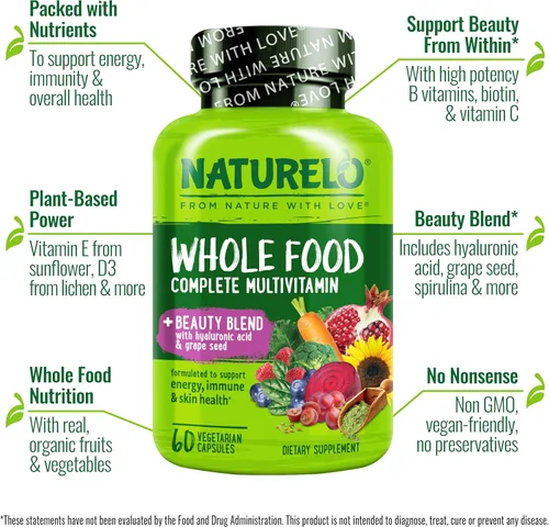 Miniatura 2 de NATURELO Multivitamínico de Alimentos Integrales con Soporte Adicional para Cabello, Piel y Uñas - Mezcla de Belleza con Ácido Hialurónico y Semilla