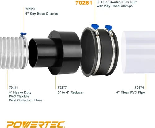 Miniatura 4 de POWERTEC 70281-P2 Manguito Flexible de Control de Polvo de 6 Pulgadas con Abrazaderas de Manguera de Llave Ajustable, Acoplador de Manguito de Goma