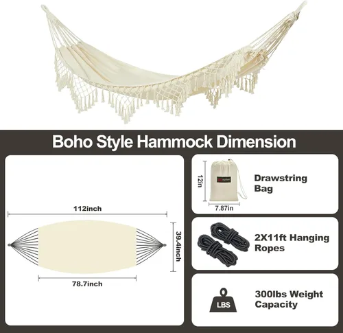 Miniatura 3 de JoyView Hamaca individual de macramé bohemia con cuerdas para colgar y elegantes borlas, hamaca portátil de algodón de 78.8 x 39.4 pulgadas