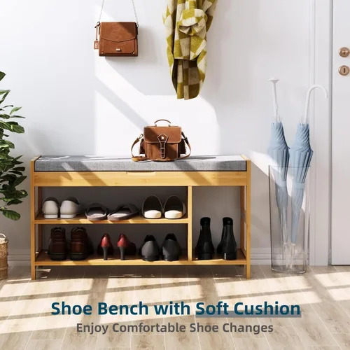 Miniatura 3 de HIFIT Banco Zapatero de Bambú con Almacenamiento, Banco de Almacenamiento de 2 Niveles para Entrada con Asiento Acolchado, Estante Organizador