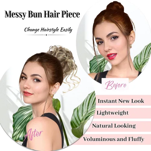 Miniatura 5 de 5 piezas de extensiones de cabello para moños desordenados con banda elástica de goma para mujeres, extensiones de cola de caballo con horquillas