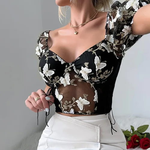 Miniatura 3 de Camiseta de manga abombada bordada floral para mujer, ajustada, corsé corto, sexy, bustier