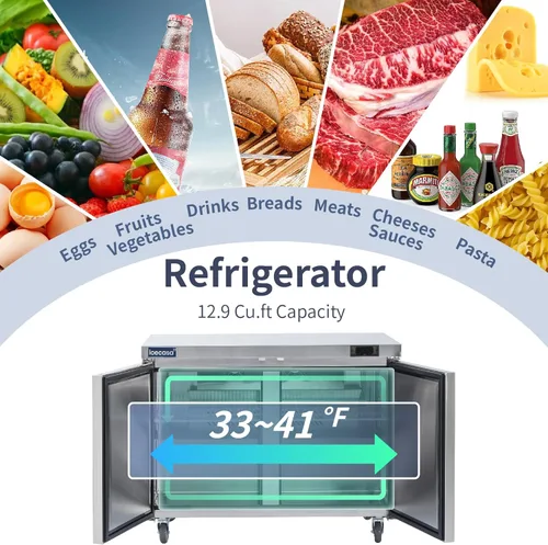 Miniatura 2 de ICECASA Refrigerador Comercial de Mostrador Bajo Encimera de 48" de Ancho, 2 Puertas de Acero Inoxidable con Enfriamiento por Ventilador, 13 Pies