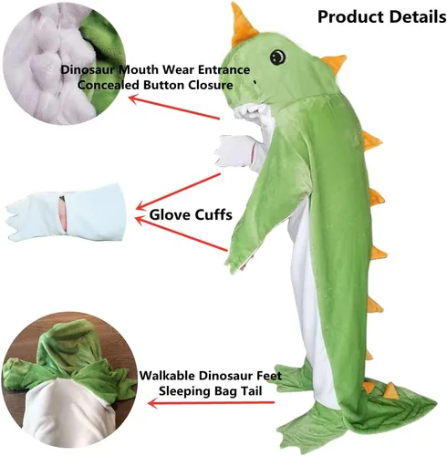 Miniatura 4 de Manta de Dinosaurio Vestible Saco de Dormir de Animal para Niños - Forro Polar de Franela Súper Suave, Cálido y Acogedor - Regalos de Dinosaurio