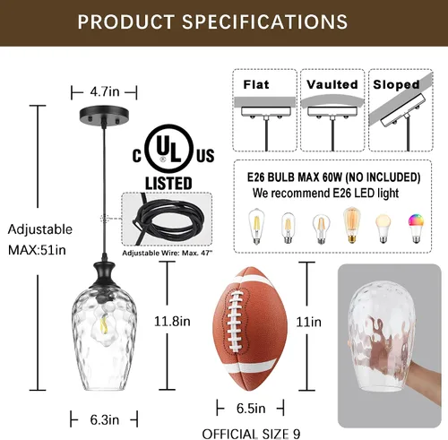 Miniatura 3 de Luces colgantes de cristal para isla de cocina, 1 luz negra con vidrio transparente soplado a mano, lámpara colgante de granja para fregadero