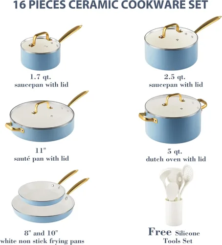 Miniatura 2 de Juego de Utensilios de Cocina de Cerámica, VONIKI Juego de 16 Piezas de Ollas y Sartenes Antiadherentes, Juegos de Utensilios de Cocina