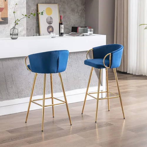 Miniatura 8 de Juego de 2 taburetes de bar de 26 pulgadas, sillas de isla de cocina con taburetes altos tapizados de terciopelo, taburetes de desayuno con respaldo