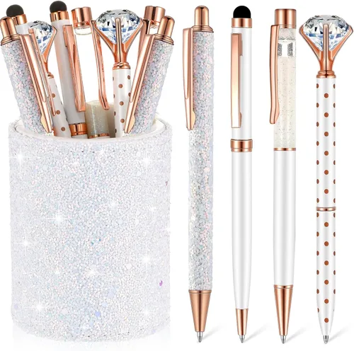 Miniatura 14 de Sabary 8 bolígrafos negros con soporte para bolígrafo para escritorio, con purpurina, diamantes de cristal, bonito soporte para lápices, organizador