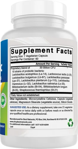 Miniatura 6 de Best Naturals Probiótico 10 cepas y 30 mil millones de UFC flora intestinal, 60 cápsulas vegetales (60 unidades (paquete de 2))
