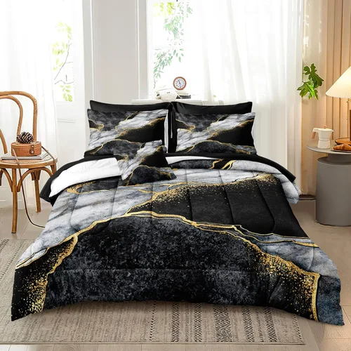 Miniatura 16 de Merryword - Juego de edredón de mármol negro, tamaño individual, 6 piezas, ropa de cama en una bolsa, diseño de mármol metálico dorado con 1
