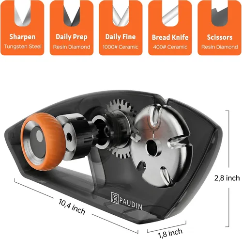 Miniatura 2 de PAUDIN Afilador de cuchillos de precisión de 5 etapas, sistema de afilado manual ajustable para cuchillos y tijeras de cocina, para cuchillas rectas
