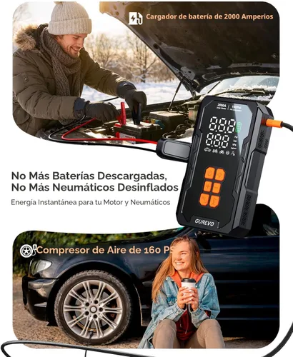 Miniatura 2 de Arrancador de 2000 A con compresor de aire, arrancador de batería de automóvil portátil con inflador de neumáticos de apagado automático de 160 PSI