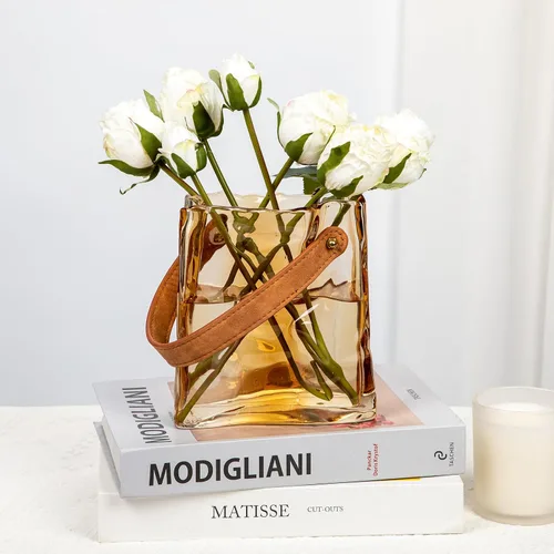 Miniatura 4 de Florero de bolso de cristal para flores, floreros de ámbar para centros de mesa, florero de bolsa de cristal con asa de cuero, floreros pequeños