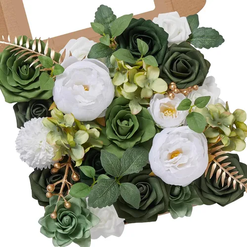 Miniatura 34 de Serwalin 2 Piezas Flores Artificiales Blancas Rosas Falsas Flores de Espuma de Seda Juego de Caja para Manualidades DIY Ramos de Pastel de Boda Un
