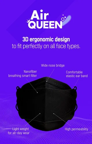 Miniatura 3 de NU-SET Black AirQueen - Máscara de seguridad facial con filtro de fibra nano para adultos, empaquetada individualmente, fabricada en Corea