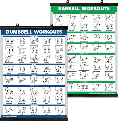 Miniatura 3 de QUICKFIT - Juego de póster de ejercicios con mancuernas y barra – Juego de 2 tablas laminadas – Rutina de ejercicio con mancuernas y ejercicios