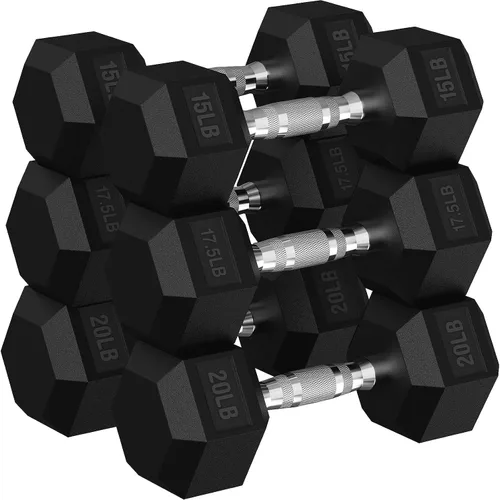 Miniatura 10 de Juego de mancuernas hexagonales con estante, juego de mancuernas de ejercicio y fitness con revestimiento de goma de 720 libras, peso de mano