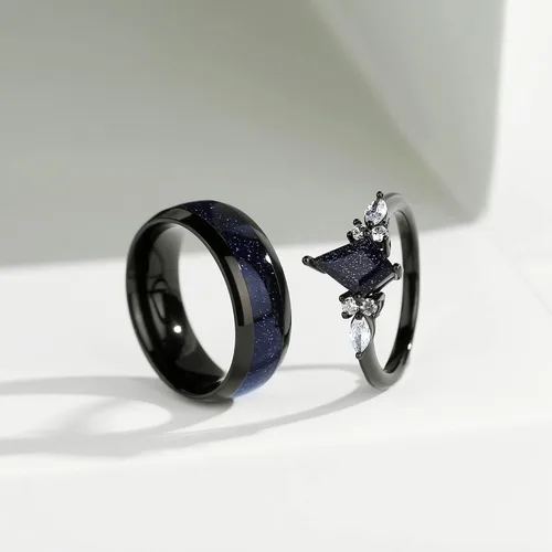 Miniatura 2 de Anillos de promesa personalizados para parejas, anillos negros a juego para parejas, anillo grabado de piedra arenisca azul en forma de cometa
