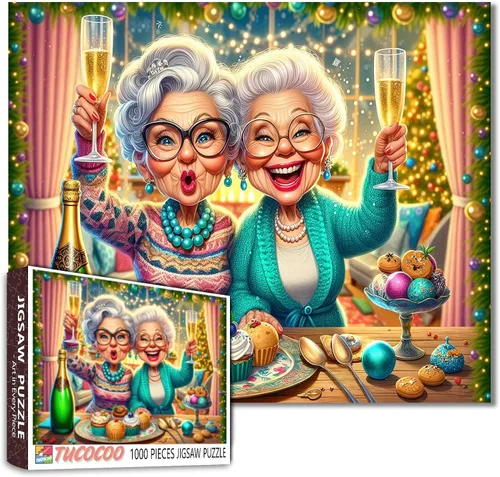 Miniatura 22 de Rompecabezas de mujer vieja de 1000 piezas para adultos, familias (niña, dama, pizza, naipe, vino tinto, amigas) piezas que encajan perfectamente