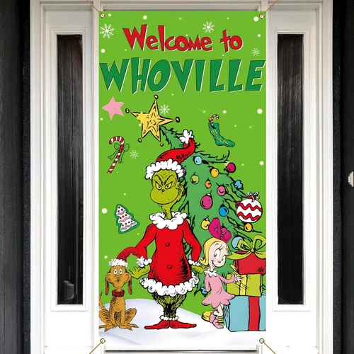 Miniatura 2 de Nepnuser Cubierta de puerta de Navidad de bienvenida, elfo verde, decoración de Navidad, invierno, vacaciones, fiesta, telón de fondo, pancarta