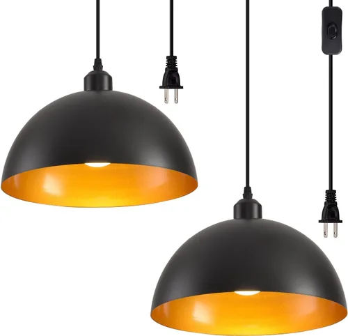 Lámpara colgante enchufable, paquete de 2 lámparas colgantes industriales con acabado dorado en el interior, accesorios de iluminación colgantes Luz