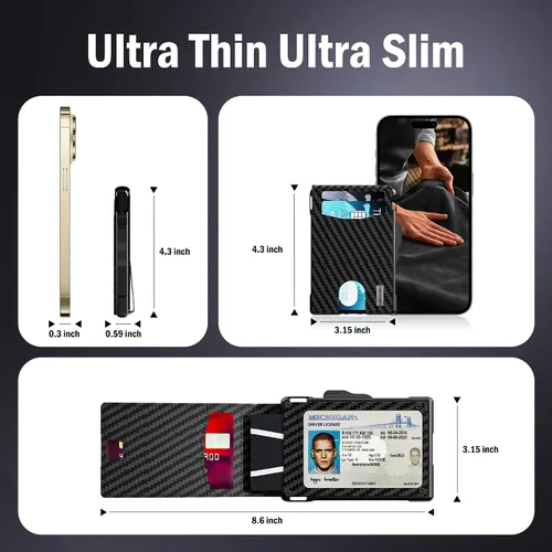 Miniatura 4 de umoven Cartera para hombre con clip para dinero, ranuras de cuero delgadas con bloqueo RFID, billetera minimalista plegable, Fibra de carbono
