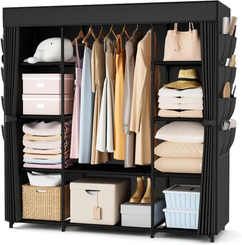 Armario portátil para colgar ropa de 57.3 pulgadas, armario de gran capacidad con tapa, 8 bolsillos y 1 barra para colgar, organizador de armario de